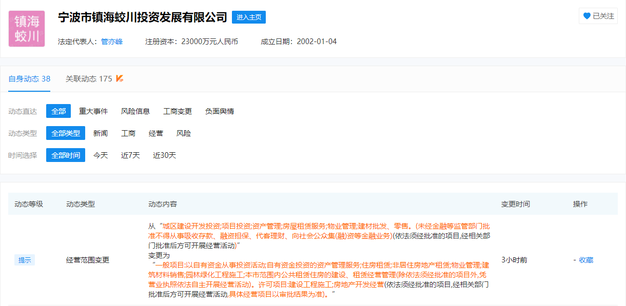 浙江宁波镇海蛟川投资公司经营范围扩大，新增房地产开发业务促进多方联动